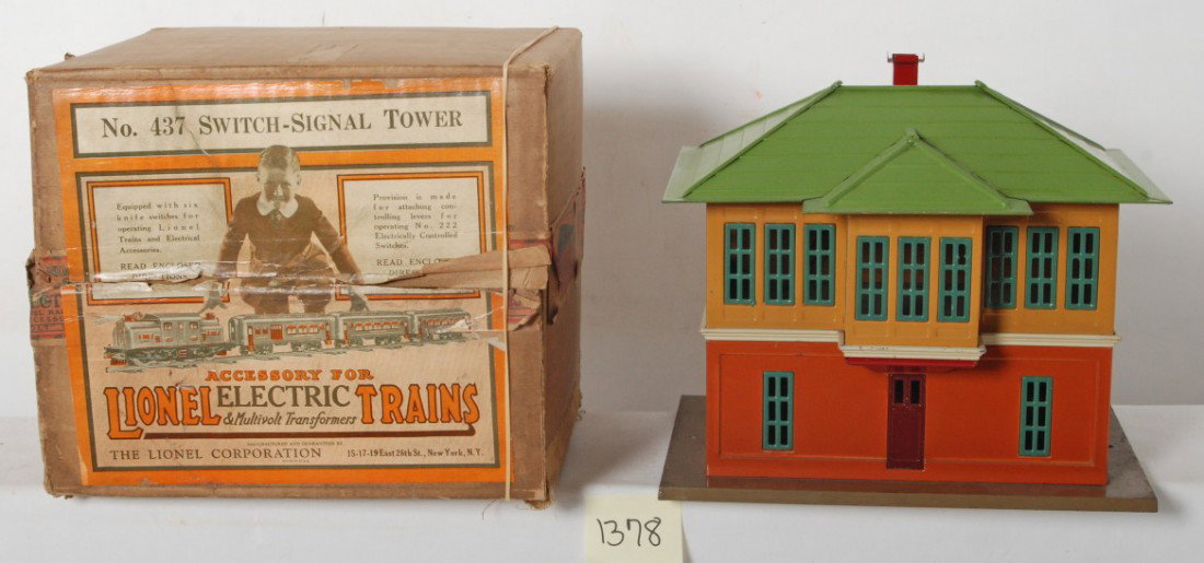 Lionel No. 437 switch-signal tower in original bo: Prewar Lionel standard gauge No. 437 switch-tower in original box,C7 building and roof, C6-7 base. Base should clean and polish to look better. Overall a great looking tower! Box has a very small punc