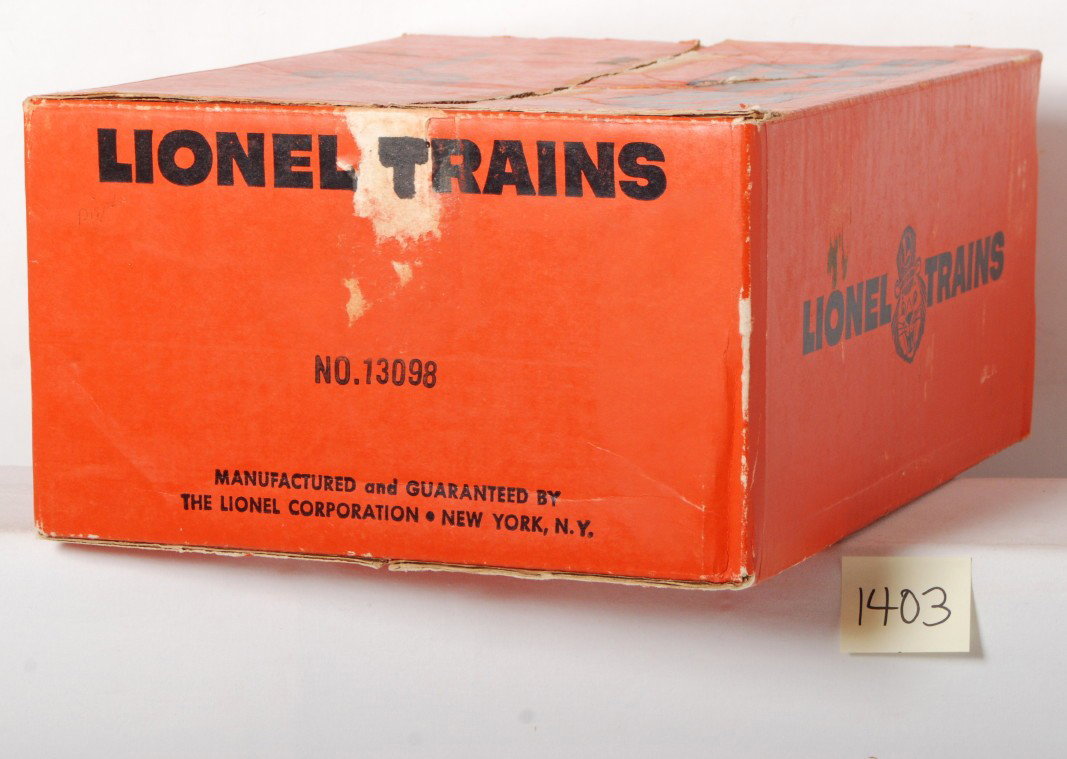 Lionel empty 13098 steam freight set box: Postwar Lionel O gauge empty 13098 steam freight set box only. Box is very square and solid with no missing flaps. Set consisted of 637 steam locomotive with 736W streamlined whistle tender, 6469 liqu