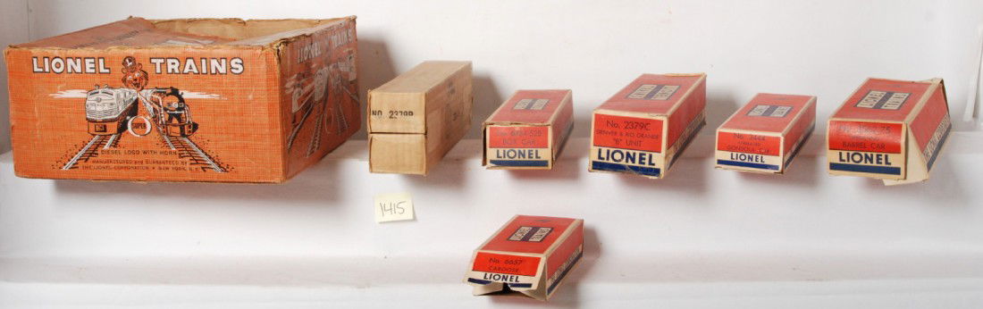 Lionel Outfit No. 2291W 2379 R.G. diesel set box: Postwar Lionel O gauge Outfit No. 2291W diesel with horn set box with inner boxes, no trains. 2379C, 2379P, 3562-75, 3444, 6464-525. Some missing flaps, some tears, some repairs, etc. Set box is missi
