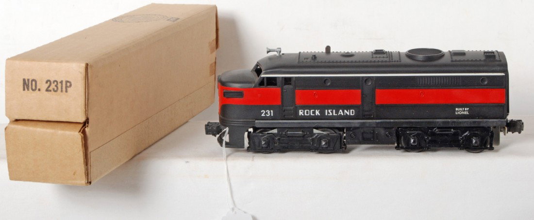 Lionel No. 231P Rock Island Alco A in OB: Postwar Lionel O gauge No. 231P Rock Island diesel Alco A unit in original box, loco looks test run/lightly run C9 area. Box has been opened at both ends, C9 in shape.