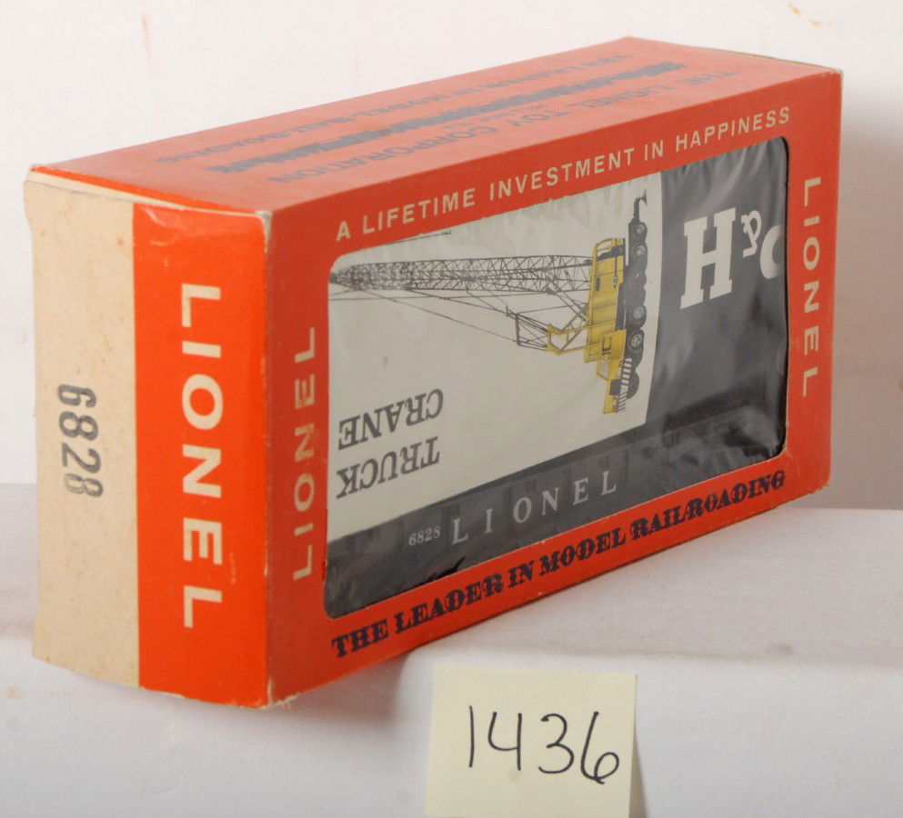 Lionel No. 6828 Harnischfeger crane in M.C. OB: Postwar Lionel O gauge No. 6828 Harnischfeger crane in original boxes, C9-10.