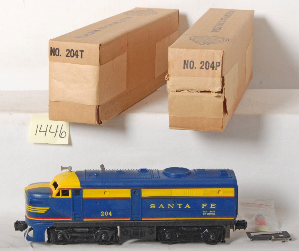 Lionel No. 204P and No. 204T Santa Fe in OB, Mint: Postwar Lionel O gauge No. 204P and No. 204T Santa Fe Alco A units in original boxes, P unit looks unrun C9 area. T unit is factory sealed and assumed C10. Boxes look C9-10.