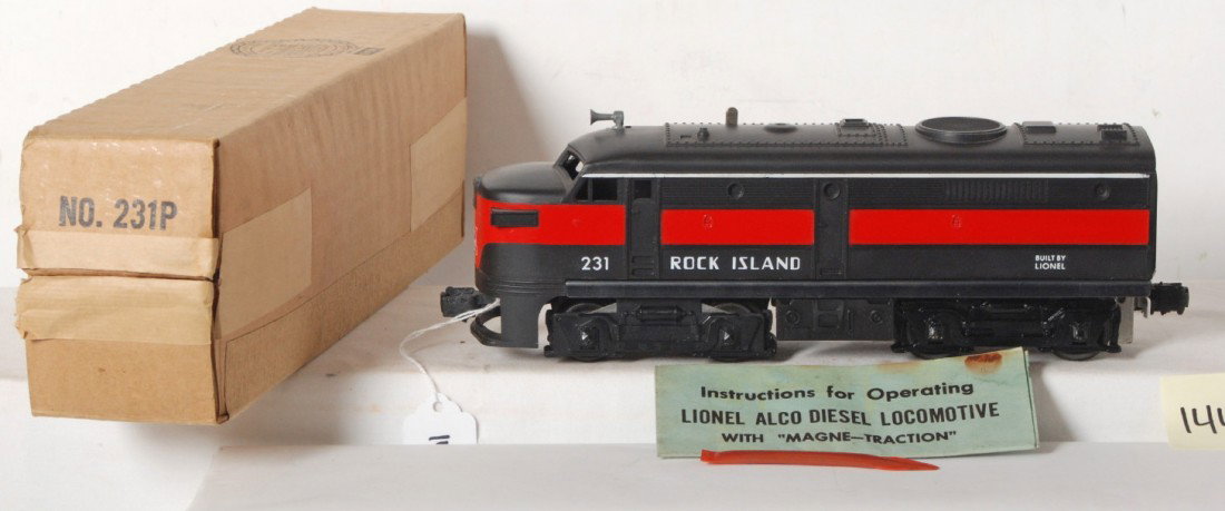 Lionel No. 231 Rock Island Alco diesel A unit in : Postwar Lionel O gauge No. 231 Rock Island Alco diesel A unit in original box with wrapping paper, lubricant tube, and instructions sheet. Train looks test run C9. Box looks C9 area.