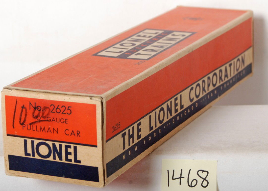 Lionel No. 2625 Irvington Pullman empty OB only: Postwar Lionel O gauge No. 2625 Irvington Pullman passenger coach original box, only. Box has original price written on an end flap, tiny super tight tears and a tape repaired inner flap. Box looks C8