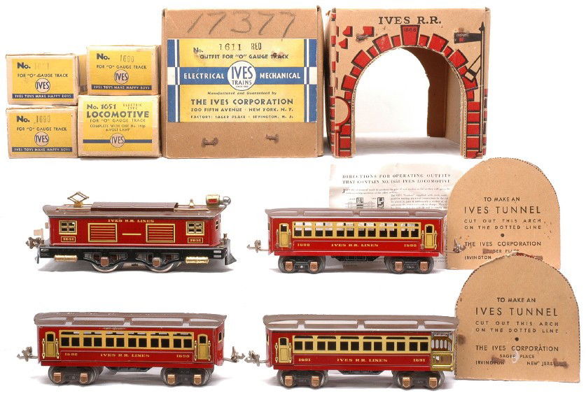 Ives Red Litho Pass Set 1611 1651 2-1690 1691: Ives prewar O gauge red lithographed passenger set no. 1611, circa 1932 in individual OBs and set box containing; 1651 0-4-0 electric loco lettered Ives R.R. Lines, two 1690 coaches, 1691 observation