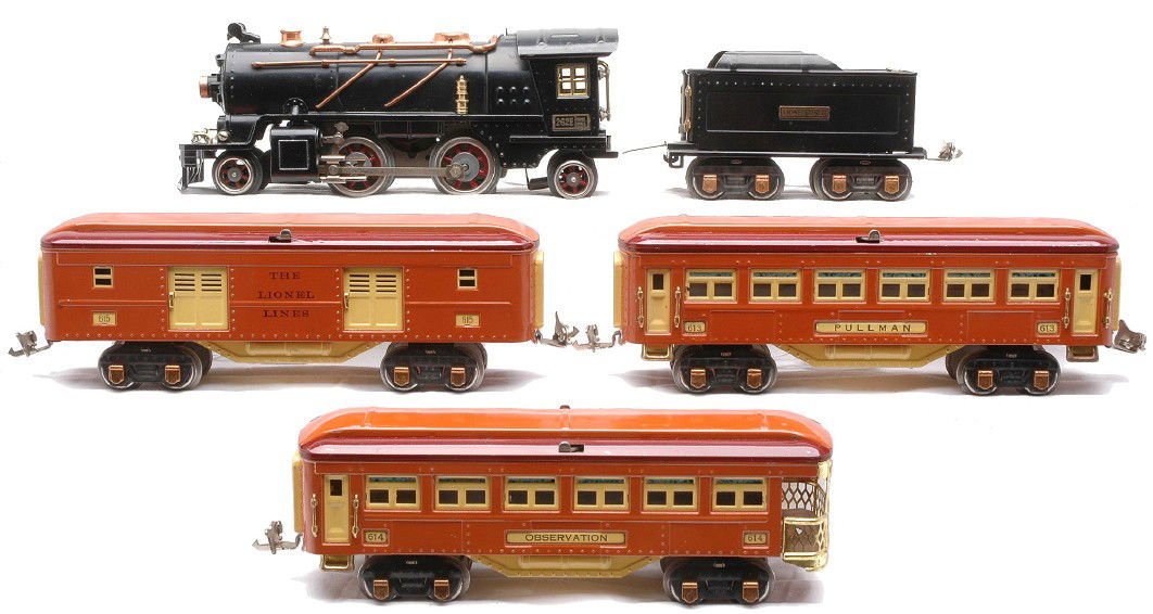 Lionel Terra Cotta/Maroon Pass Set no. 144E: Lionel prewar O gauge passenger set no. 144E containing; 262E black 2-4-2 steam loco, 262T tender, 615 baggage, 613 Pullman and a 614 observation. The passenger cars are terra cotta and maroon with cr