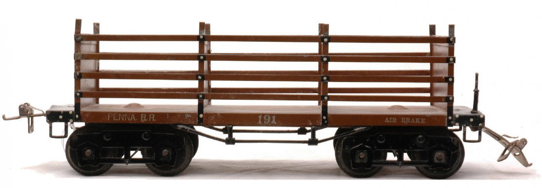 Ives 191 Brown Penna R.R. Coke Car: Ives prewar wide gauge 191 brown coke car with black and white trim that has a frame stamped Penna. R.R. 191. The car has no journals. The car is missing the brake wheel. Car is C6.