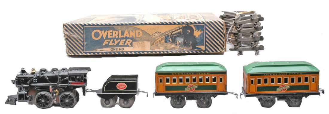 Hafner Overland Flyer Litho Pass Set no. 802 OB: Hafner Overland Flyer prewar O gauge lithographed passenger set no. 802 in set box with dividers containing; 110 black cast iron clockwork 0-4-0 steam loco, 1181 New York Central Lines tender, two 5 1