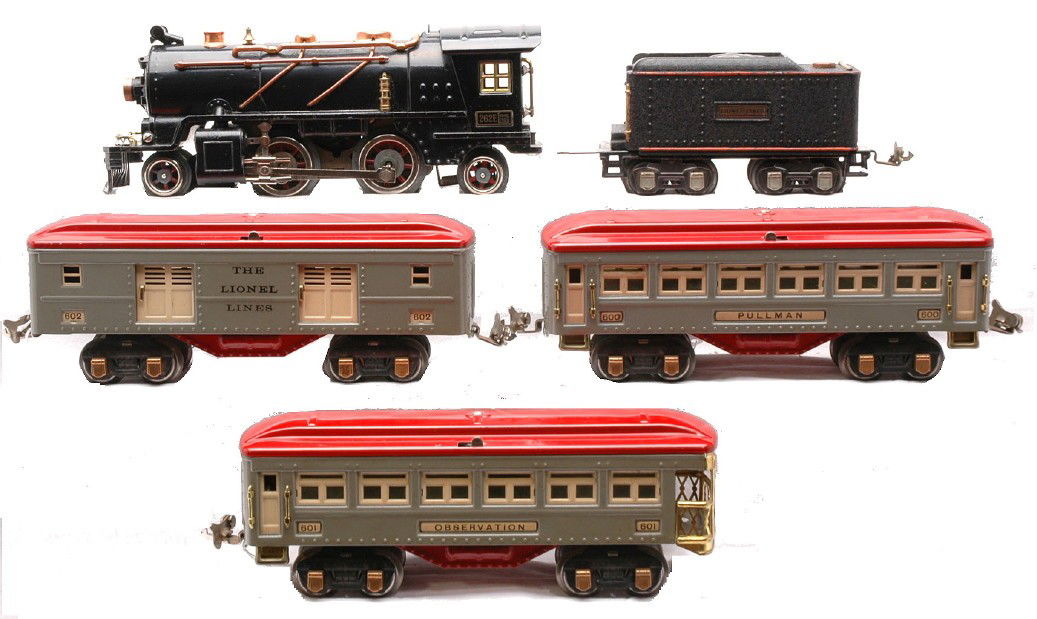 Lionel Pass Set no. 246E 262E 262T 602 600 601: Lionel prewar O gauge passenger set no. 246E, circa 1933 containing; 262E glossy black 2-4-2 steam loco with brass and copper trim, 262T tender with orange stripe and three gray passenger cars with re