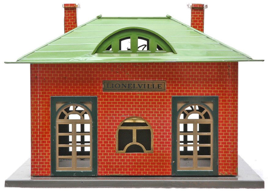 Lionel 126 Lithographed Brick Lionelville Station: Lionel prewar 126 Lionelville station with a dark gray base, lithographed red brick walls and chimneys, dark green door frames, pea green roof, Mojave doors and inserts and brass plates. Station is C7