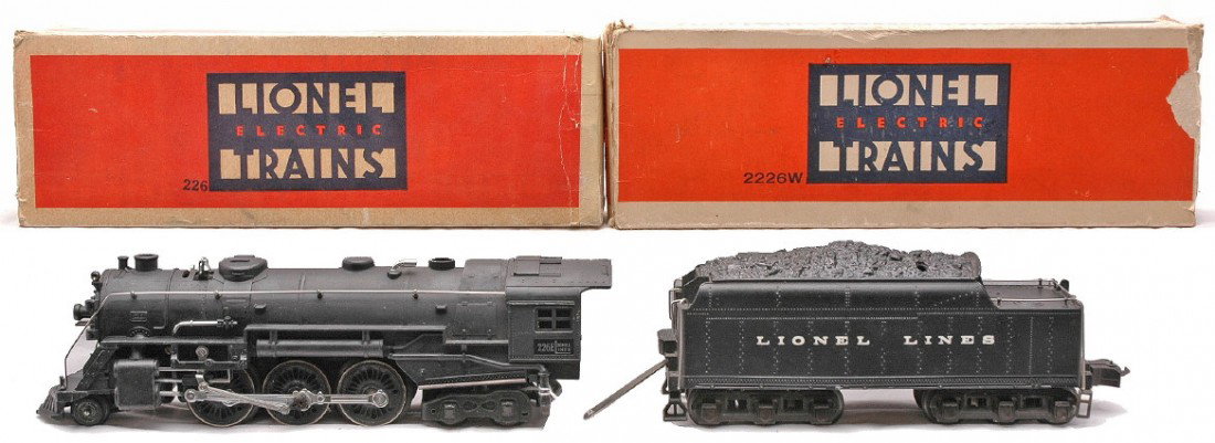 Lionel 226E Steam Loco 2226WX Tender Boxed: Lionel prewar O gauge 226E black 2-6-4 steam loco with a 2226WX tender both in OBs missing end flaps. The loco has a broken marker light on boiler front and has a slight warp on one side by the cab wi