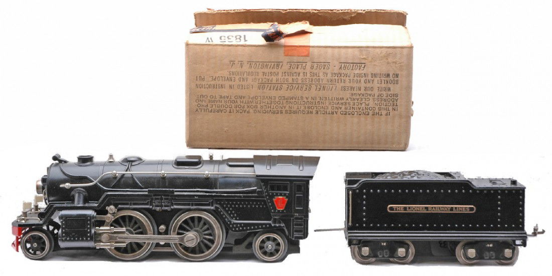 Lionel 1835 Black Steam Loco 1835W Tender OB: Lionel prewar standard gauge 1835 black 2-4-2 steam loco and an 1835W tender is OB. The loco has nickel trim, black boiler bands, dome and stack. The tender has a brass plate, nickel trim and journals