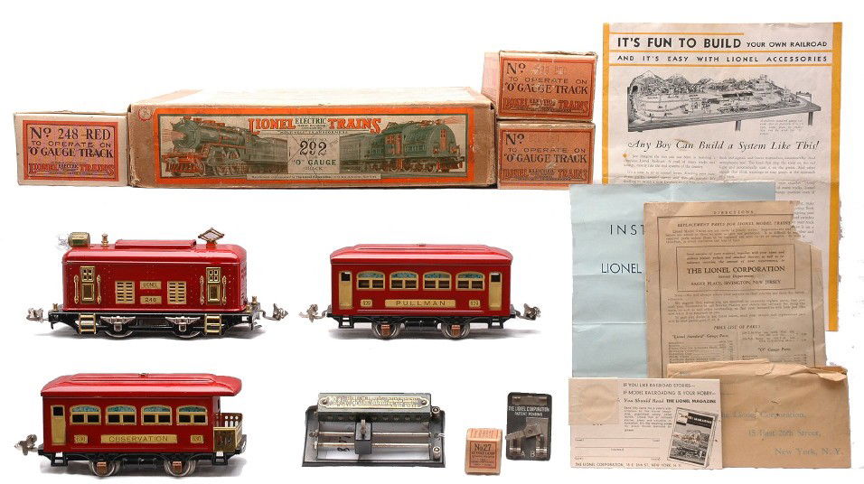 Lionel Red Passenger Set 292 248 629 630 OBs: Lionel prewar O gauge red passenger set no. 292, circa 1932 in individual boxes and set box containing; 248 electric 0-4-0 loco , 629 Pullman, 630 observation, no. 81 controlling rheostat, lockon, no.
