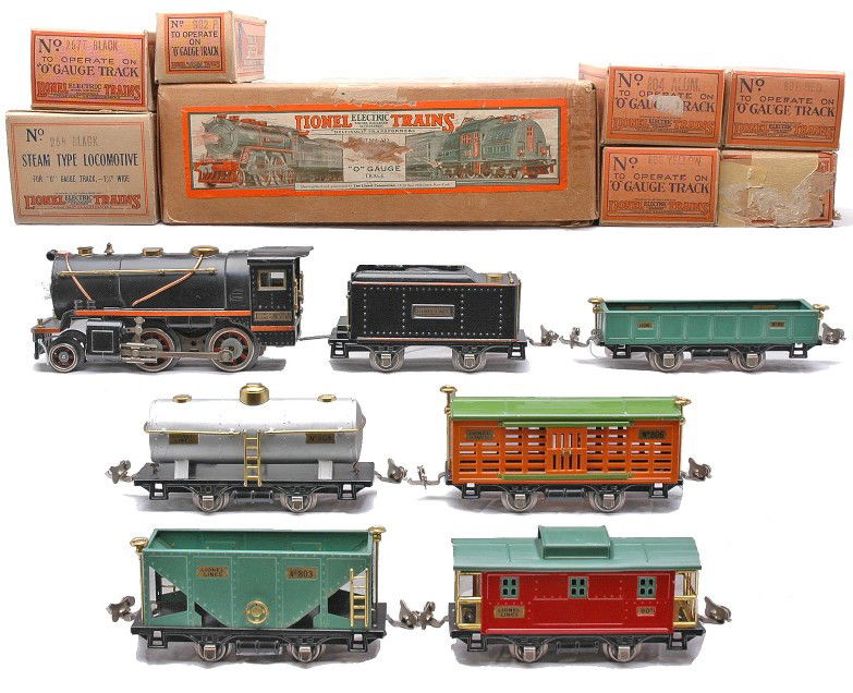 Lionel Set 233 258 257T 902 802 804 806 807 OBs: Lionel prewar O gauge freight set no. 233, circa 1930 in individual OBs and set box containing; 258 black 2-4-0 steam loco with orange striping, brass and copper trim and hand reverse lever inside cab