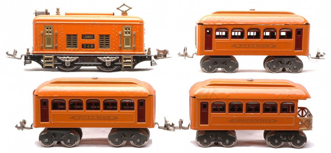 Lionel Orange 248 2-603 Pullmans 604 Observation: Lionel prewar O gauge 248 orange 0-4-0 electric loco with brass inserts, C7-8. Also included are two 603 Pullmans and 604 observation. The eight wheel cars have orange bodies, maroon inserts and no jo