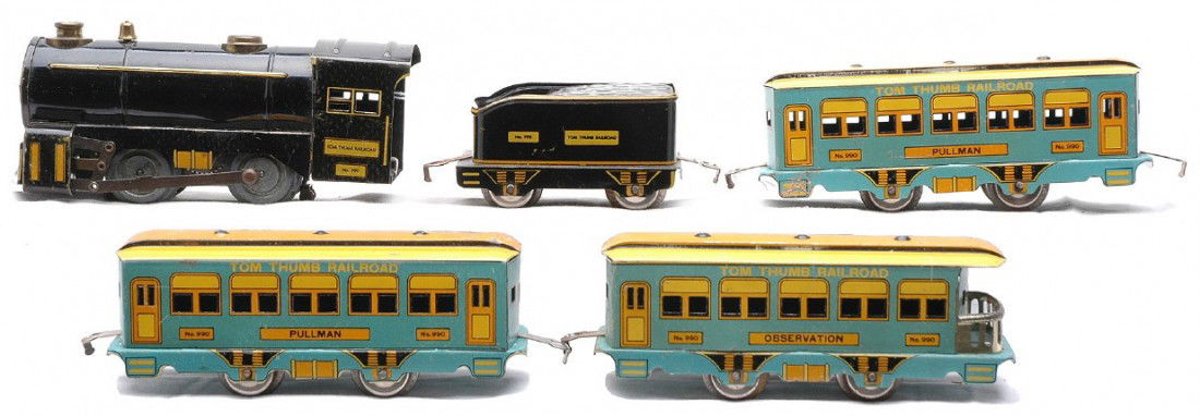 Hoge Mfg. Tom Thumb Litho Passenger Set 990: Hoge Mfg. Co. prewar O gauge Tom Thumb Railroad lithographed passenger set containing; 990 black 0-4-0 steam loco with brass trim, black tender with yellow trim, two 990 blue and yellow Pullmans and 9