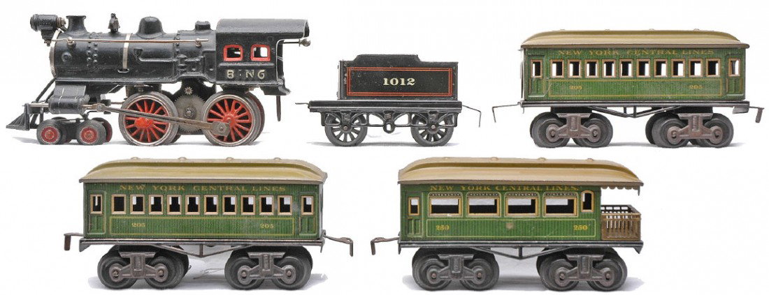 Bing Green Pass Set Loco 1012 2-205 250: Bing prewar gauge O green lithographed New York Central Lines passenger set containing; black 4-4-0 cast iron steam loco numbered 2990 on the headlight, large 1012 tender with a six wheel frame that o