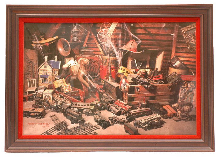 Toy In The Attic Print by Ward Kimball Framed: ÒToys In The AtticÓ print by Ward Kimball professionally framed and matted with red velvet. The print measures 29Ó X 20 1/2Ó