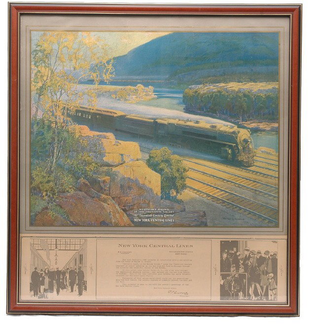 NYC Lines 1929 Calendar Art by Walter L. Greene: New York Central Lines 1929 calendar with artwork by Walter L. Greene titled Westward Bound in the Mohawk Valley The Twentieth Century Limited New York Central Lines which has been framed. The calenda