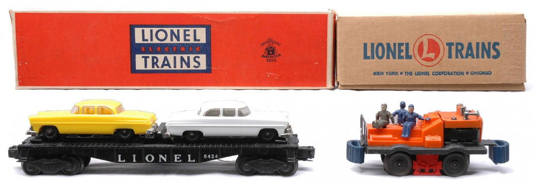 Lionel 6424-60 Auto Flat w/2-Cars 50 Gang LN OB: Lionel postwar 6424-60 automobile flatcar with two cars, number to the right of Lionel and bar end trucks in OB, C8. The OB has all flaps attached. One of the coupler flaps is partially missing. Also