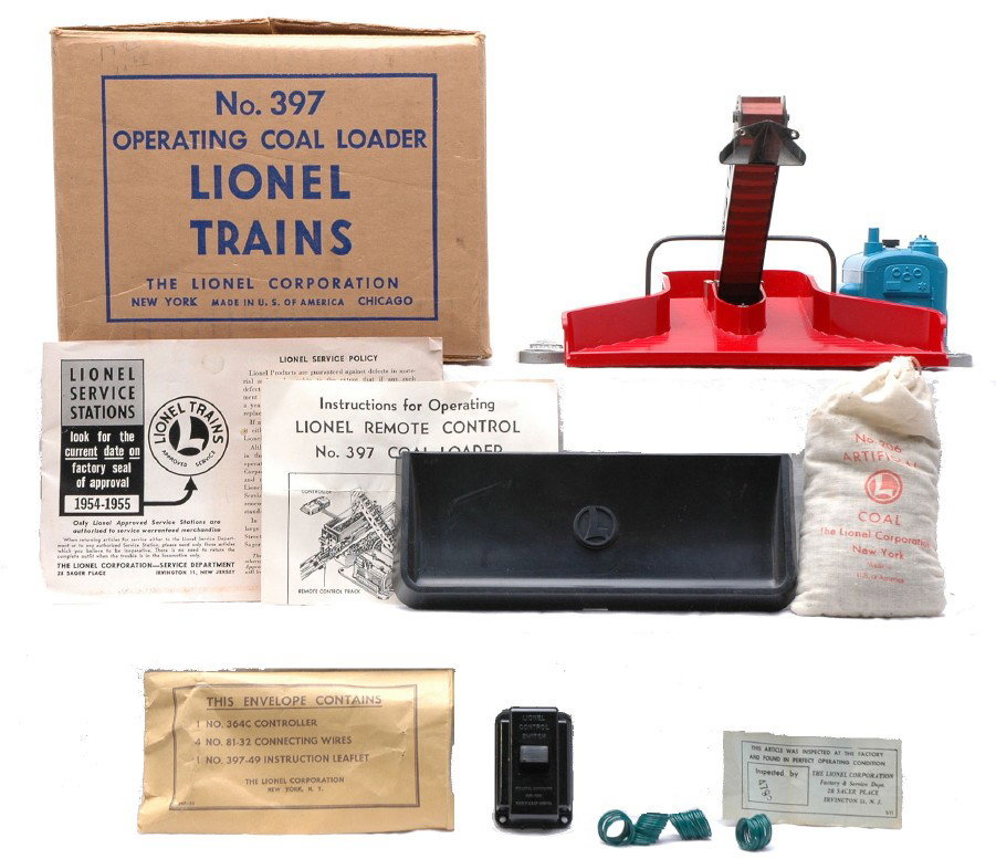 Lionel 397 Operating Coal Loader MINT Boxed: Lionel postwar 397 operating coal loader with 160 bin, 206 bag of coal, packet containing instruction sheet, connecting wires and a 364C controller, inspection tag and service station pamphlet in OB w