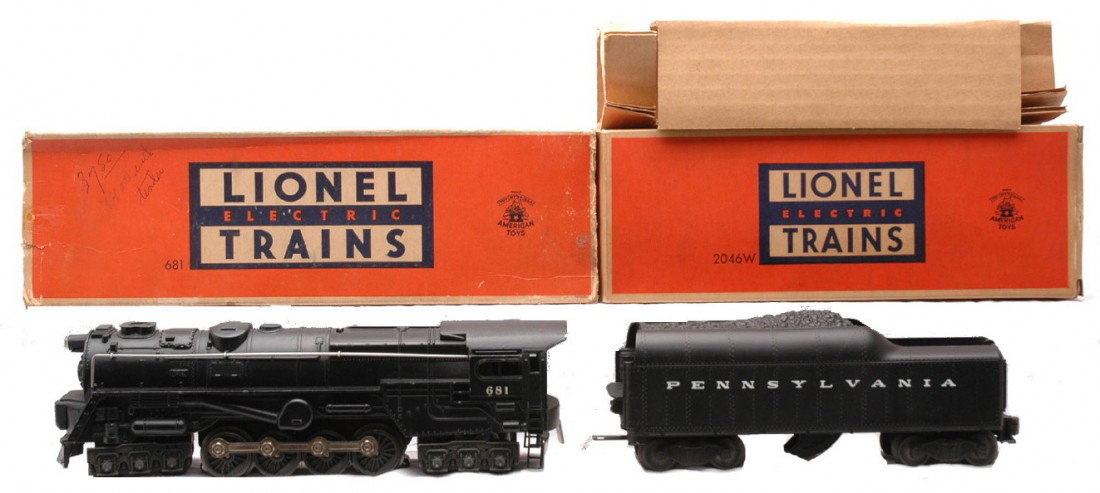 Lionel 681 Turbine LN 2046W-50 PRR Tender MIB: Lionel postwar 681 black 6-8-6 steam turbine loco and a 2046W-50 Pennsylvania tender both in OBs with original cardboard inserts. The loco is C8. The tender has been test run and is C9-10. The loco OB