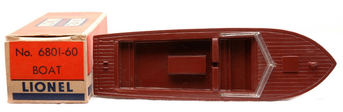 Lionel 6801-60 Boat w/White Hull Brown Deck MIB: Lionel postwar 6801-60 boat with a white hull and brown deck in a separate sale OB. The boat is C9-10. The OB is clean with all flaps attached.