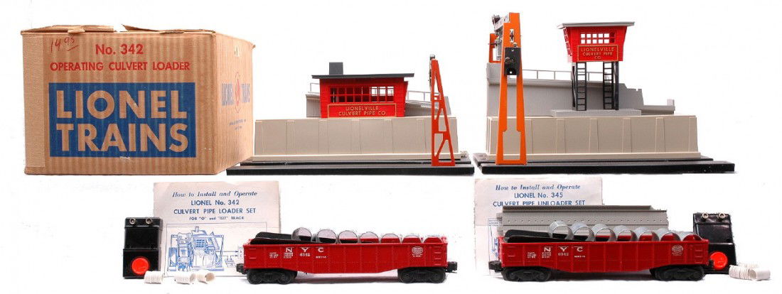 Lionel 342 Culvert Loader OB 345 Culvert Unloader: Lionel Postwar 342 culvert loader with 6342 NYC gondola car, seven culverts, 90 controller, three wires and instructions sheet in OB. The OB is complete with all flaps attached. Also included is a 345
