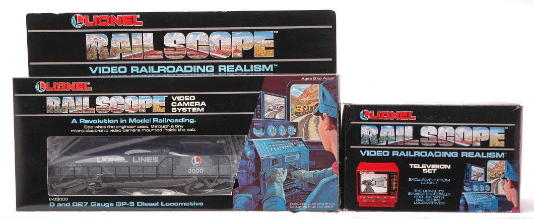 Lionel Rail Scope 33002 TV 33000 GP9 Camera MIB: Lionel Rail Scope Video Railroading Realism 33002 television set and a Rail Scope Video Camera System 33000 GP-9 diesel loco both in OBs, C10.