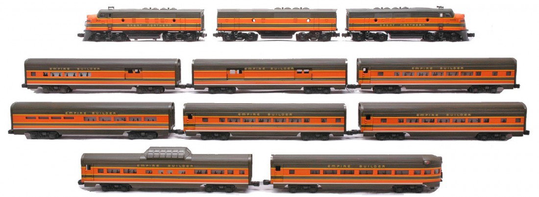 Lionel GN Empire Builder Pass Set w/F3 ABA Locos: Lionel Great Northern Empire Builder passenger set containing; 11724 F3 ABA diesel units, 19116 baggage, 19117 combo car, three 19118 Pullman coaches, dining car, 19119 vista dome and a 19120 observat
