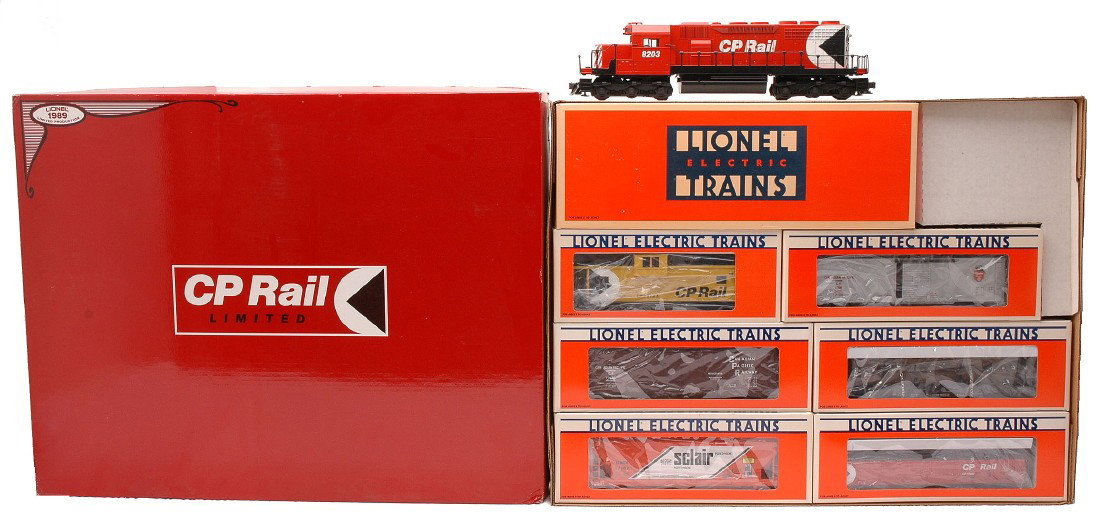 Lionel CP Rail Limited Freight Set no. 11710 MIB: Lionel CP Rail Limited freight set no. 11710 complete in individual OBs and set box. The set has some shelf dust. The loco has a crack near screw, otherwise the set is C9.