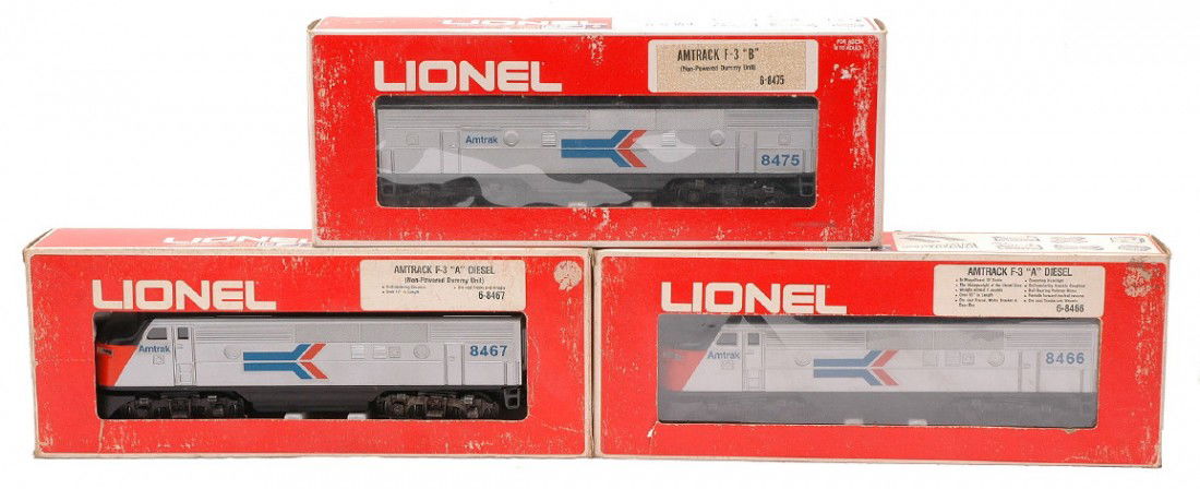 Lionel 8466 8475 8467 Amtrak F3 ABA Units LN OBs: Lionel 8466/8475/8467 Amtrak F3 ABA diesel units in OBs. There is writing on the bottom of the chassis on the A unit and all units have shelf dust, C8. The boxes are worn.