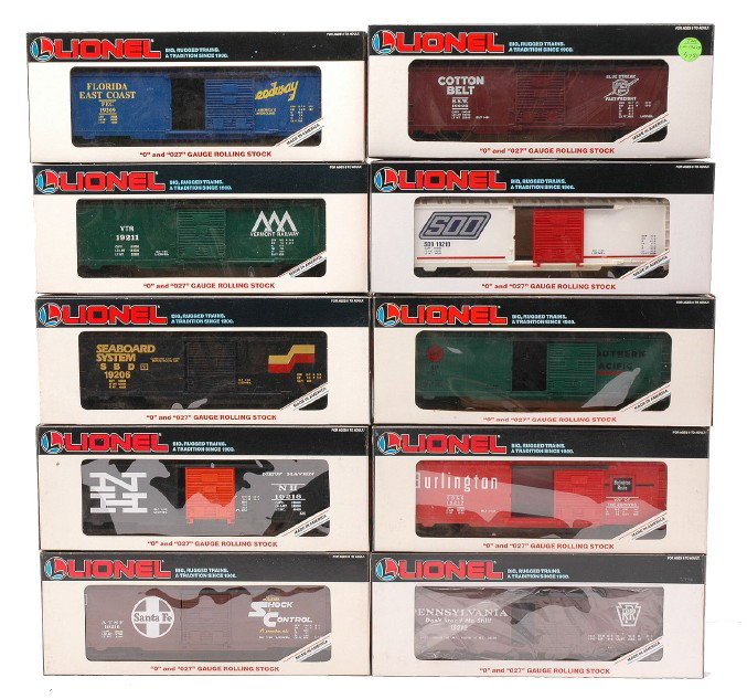 Lionel 19206 19209 19210 19217 19218 19233 OBs: Lionel boxcars; 19206 Seaboard System, 19209 Florida East Coast, 19210 Soo Line, 19211 Vermont Railway, 19212 Pennsylvania, 19216 Santa Fe, 19217 Burlington, 19218 New Haven, 19233 Southern Pacific an