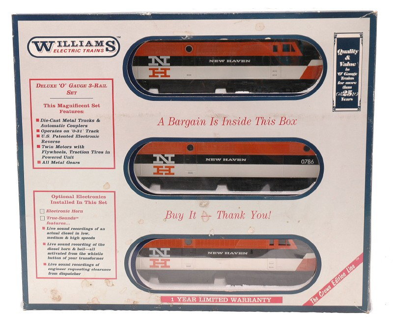 Williams AC202H NH Alco Pa ABA Diesels OBs: Williams AC202H New Haven Alco PA ABA diesel units with horn in individual OBs and outer master carton. The diesels have light run time, C8. The master carton has some staining.