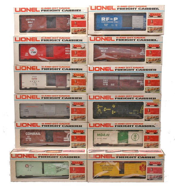 Lionel 9400 9401 9403 9405 9406 9412 9413 9414: Lionel boxcars; 9400 Conrail, 9401 Great Northern, 9403 Seaboard Coast Line, 9404 Nickel Plate, 9405 Chatahooche Ind. RR., 9406 Denver & Rio Grande, 9412 Richmond, Fredericksburg & Potomac, 9413 Napie