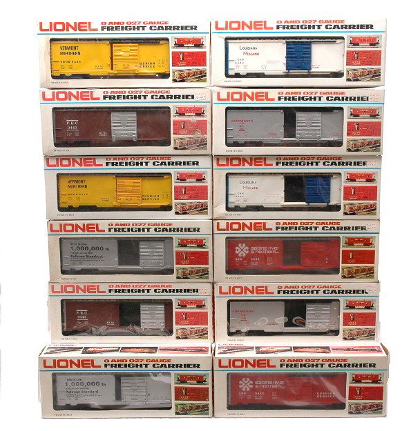 Lionel 9442 9443 9444 9445 9446 9447 OBs: Lionel boxcars; two 9442 Canadian Pacific, two 9443 Florida East Coast Railway, two 9444 Louisiana Midland, two 9445 Vermont Northern, two 9446 Sabine River & Northern and two 9447 Pullman standard al