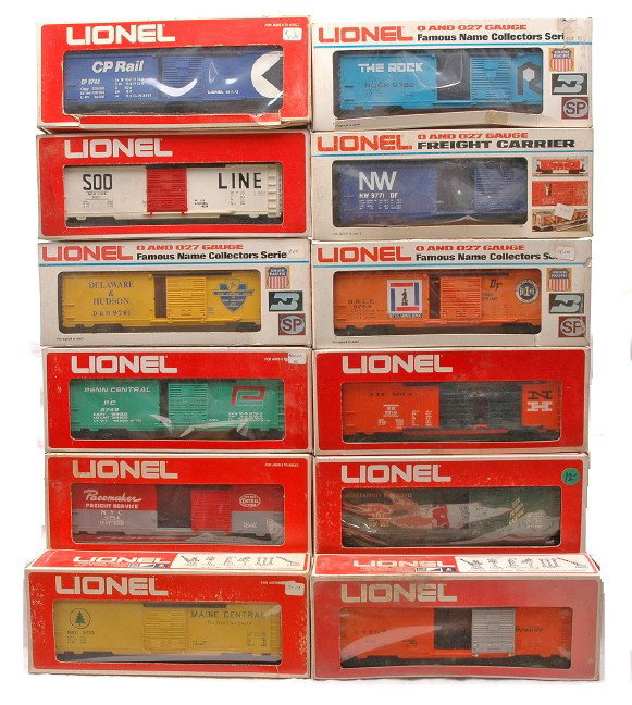 Lionel 9702 9705 9719 9742 9748 9749 9753 9754: Lionel boxcars; 9702 Soo Line, 9705 D&RG, 9719 New Haven, 9742 Minneapolis & St. Louis, 9748 CP Rail, 9749 Penn Central, 9753 Maine Central, 9754 NYC Pacemaker, 9769 Bessemer & Lake Erie, 9771 Norfolk
