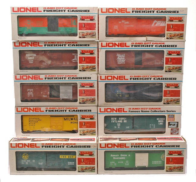 Lionel 9414 9422 9427 9439 9443 9453 9454 9455: Lionel boxcars; 9414 Cotton Belt, 9422 Elgin, Joliet & Eastern, 9423 NY, NH&H, 9424 TPW, 9427 Bay Line, 9439 Ashley, Drew & Northern, 9443 Florida East Coast Railway, 9453 MPA Railroad, 9454 New Hope 