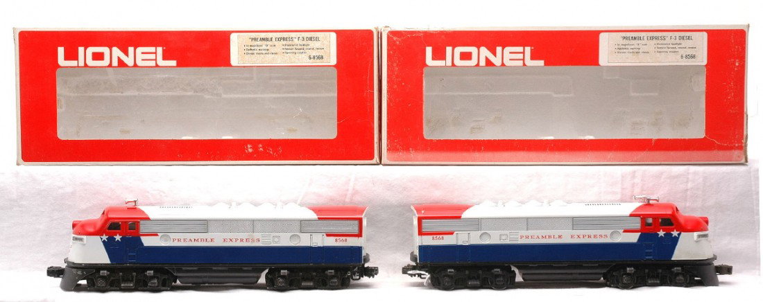 Lionel 8568 Preamble Express F3 Diesel Units: Lionel 8568 Preamble Express F3 A diesel unit in OB. Also included is a Preamble Express 8568 cab mounted on a dummy F3 chassis in OB. The dummy unit has writing on the bottom of the chassis. The powe