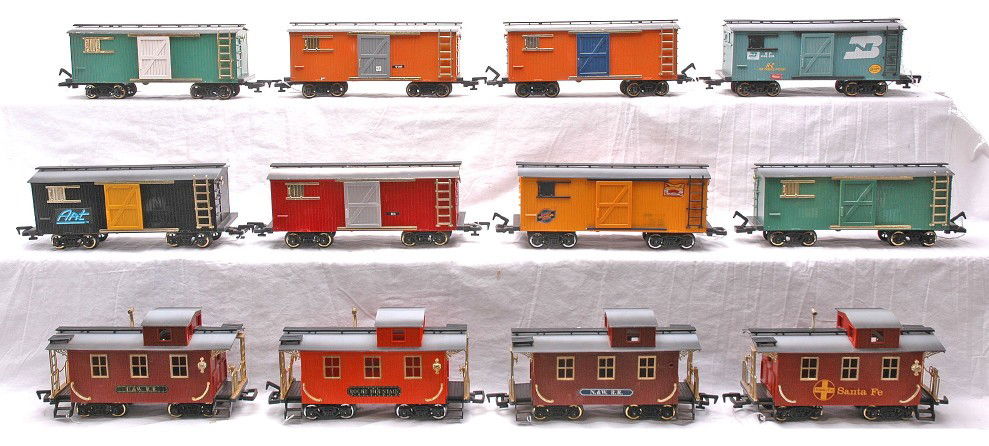 New Bright G Ga. 8-Boxcars 2-Cabooses: New Bright G gauge eight boxcars and two cabooses. One of the cabooses has a broken smoke stack. The cars have shelf dust and are C7.