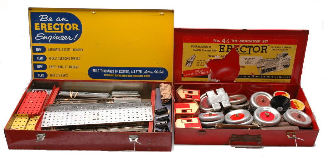 A.C.Gilbert 4 !/2 10063 Action Conveyor Erectors: A.C. Gilbert no. 4 1/2 motorized Erector set in a red metal case, circa 1955 and a 10063 The Action Conveyor set in a red metal case, circa 1959. The case for the 4 1/2 has some surface rust. Some of