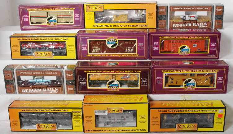 12 MTH Railking and Premier freight cars 91013, 7649: MTH modern O gauge both Premier and Railking freight cars in OBs. Twelve cars include 7602 Southern Pacific flat, 7603 Chessie flat, 7623 MTH flat, 7341 Alaska tank car, 7938 Southern Pacific searchli