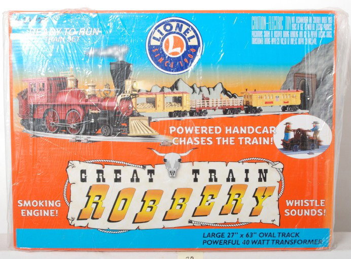 Lionel 31928 Great Train Robbery set: Lionel modern O gauge 31928 Great Train Robbery set in OB. Set is still partially factory sealed in plastic. Set is assumed C10.