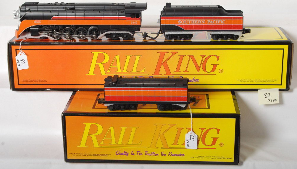 Railking Southern Pacific GS-4 and aux tender: MTH Railking modern O gauge Southern Pacific GS-4 steam locomotive in OB. Catalog number is 30-1119-0. Loco features whistle, smoke and more. Also includes 30-1126 auxillary tender. Loco and tender ar