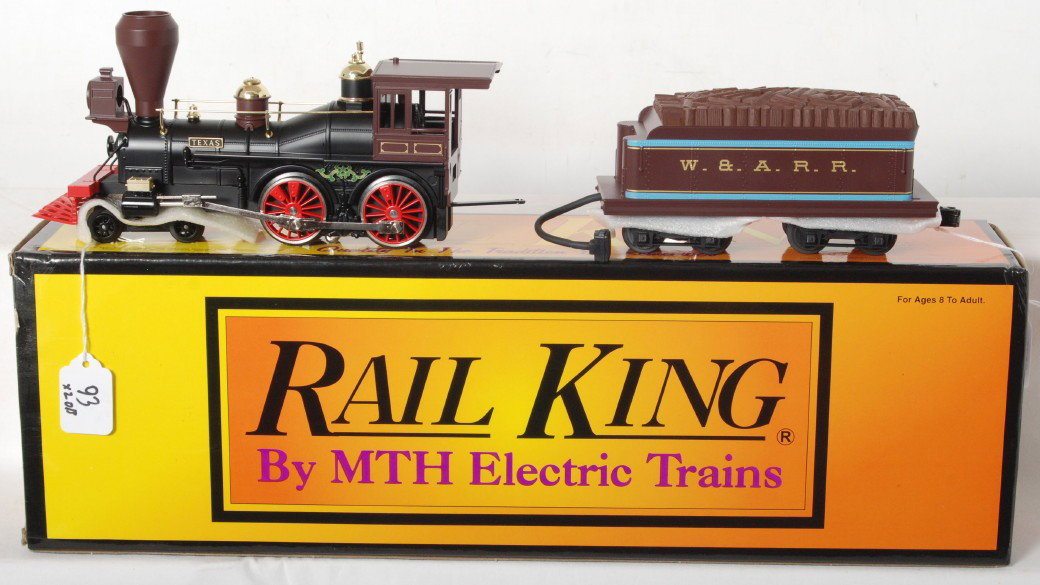 Railking Texas 4-4-0 steam locomotive with Proto: MTH Railking modern O gauge 30-1135-1 Texas 4-4-0 steam locomotive in OB. Loco features Protosound, Protosmoke, Protocoupler, and more. Loco is C8-9 condition with very light run time.