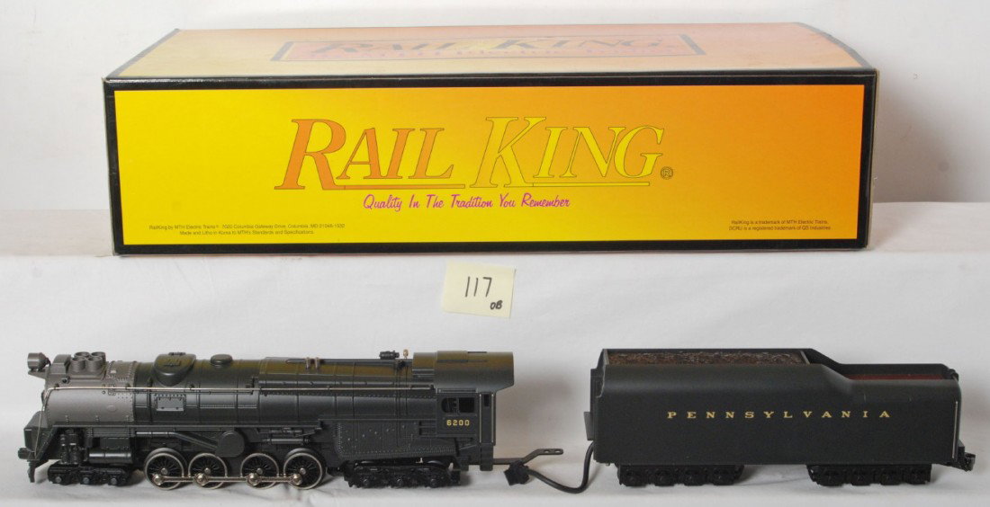 Railking Pennsylvania S-2 Turbine with Proto: MTH Railking modern O gauge Pennsylvania S-2 turbine steam locomotive in OB. Catalog number is 30-1149-1. Loco features Protosound, Protosmoke, and more. Loco is C8 with run time.