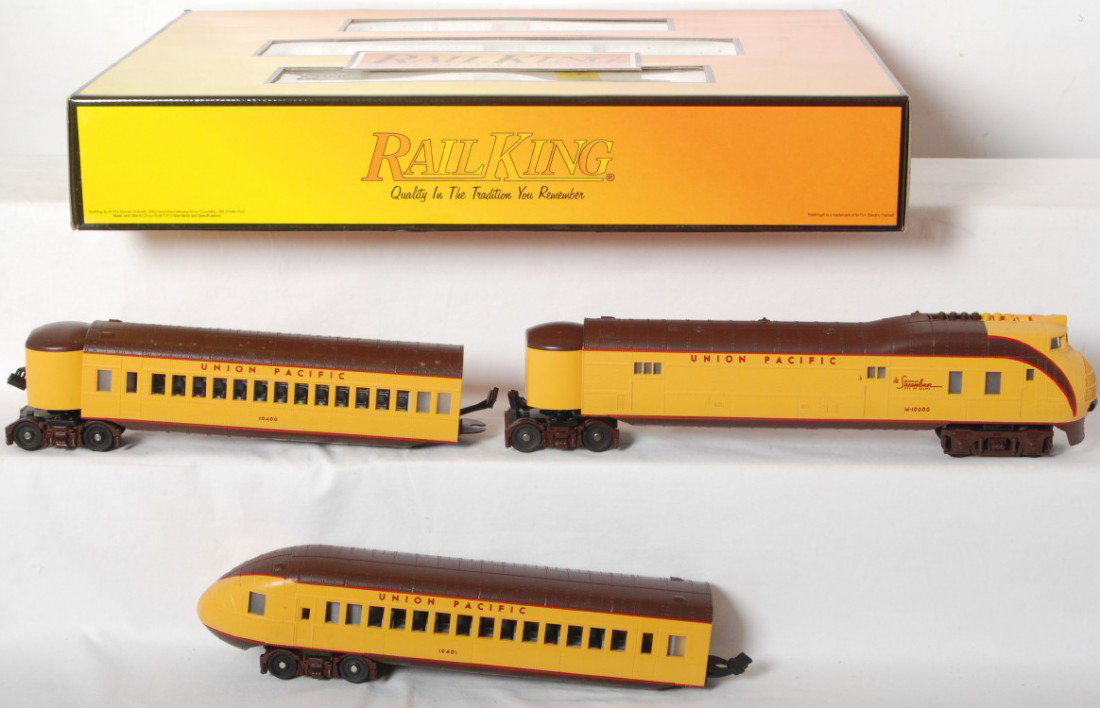 Railking Union Pacific M10000 set with Proto 2.0: MTH Railking modern O gauge 30-2197-1 Union Pacific M10000 set in OB. Set features Protosound 2.0, DCS control, and more. Loco and cars are C8 condition with run time.