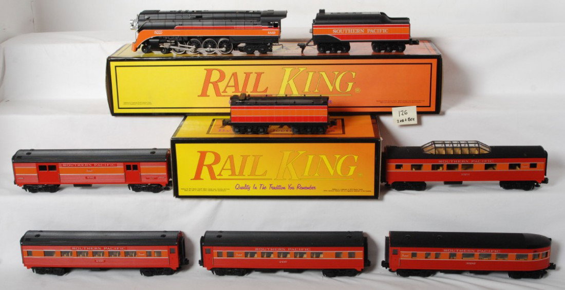 Railking Southern Pacific GS4 and 5 passenger cars: MTH Railking modern O gauge Southern Pacific 30-1119-1 GS4 steam locomotive in OB. Loco features Protosound, Protosmoke, Protocoupler and more. Also included is 30-1126 auxillary tender and five Railk