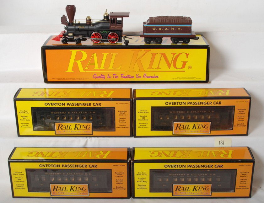 Railking Texas 4-4-0 General and four passenger ca: MTH Railking modern O gauge 30-1135-1 Texas 4-4-0 General steam locomotive in OB. Loco features Protosmoke, Protosound, Protocoupler and more. Also included is four car passenger set number 30-6404. I