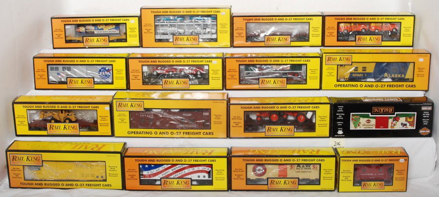 16 Railking freight cars in OBs. 7961, 7624, 7837,: MTH Railking modern O gauge freight cars in OBs. Sixteen cars include 7681 flat with panel vans, 7977 NASA engineering car, 7961 Alaska snow plow, 7664 Santa Fe flatcar, 76357 Pennsylvania flat with t